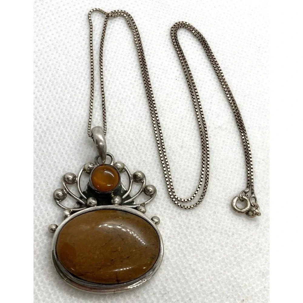 Vintage Brown Agate Modernist Pendant 18'' Necklace Sterling 925 Silver 16g Boho